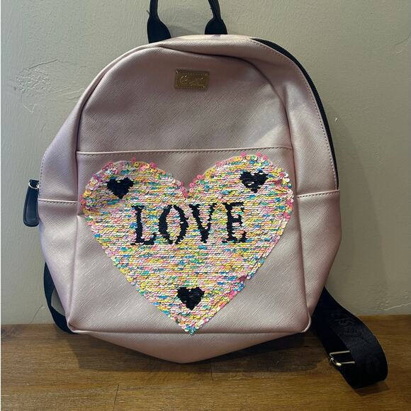 BETSEY JOHNSON SILVER Metallic LOVE BLACK BACKPACK BAG Pink - Picture 1 of 12